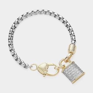 Two Tone CZ Lock Pendant Chain Dangle Charm Bracelet Bangle Silver Gold